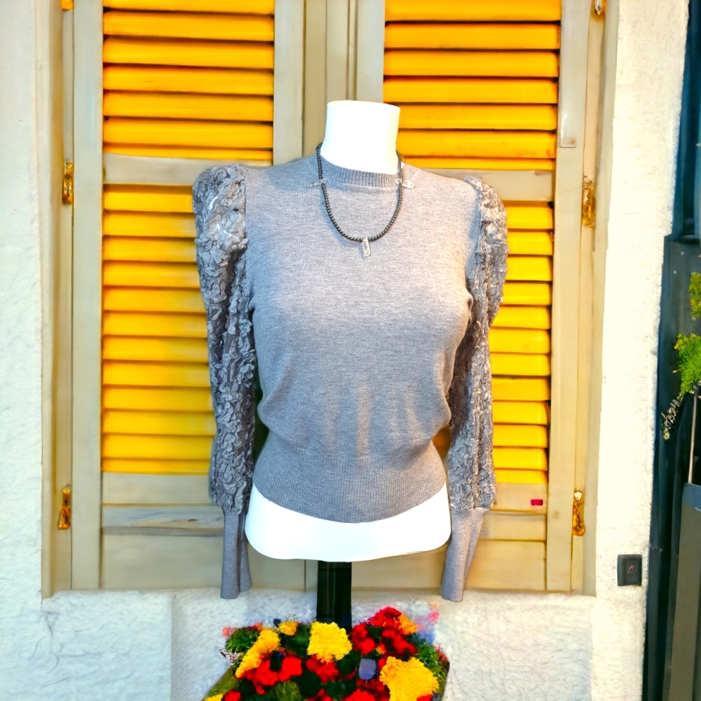 Fitted puff arm knit jumper with embellished mesh sleeves, UK size 10 12, AS NEW - Picture 9 of 12